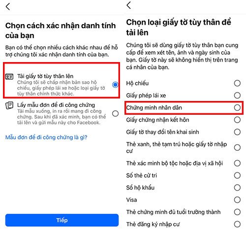 Chọn loại giấy tờ CMND/Căn cước công dân