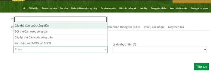 Chọn loại thủ tục cấp căn cước công dân trên Cổng Dịch vụ công