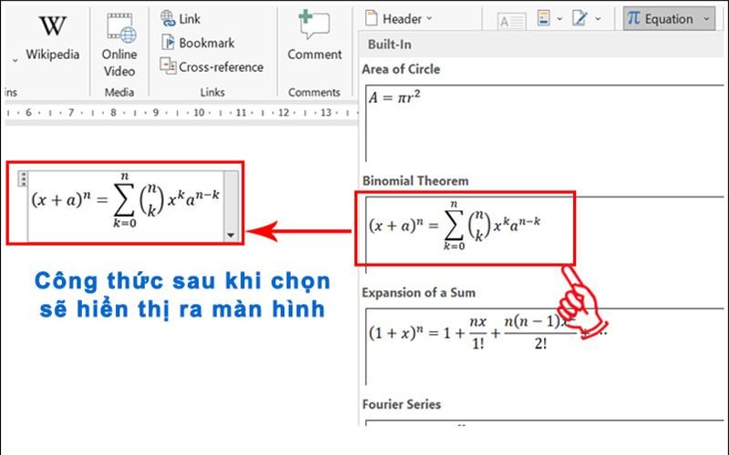 Chọn mẫu công thức trong Equation Editor Word
