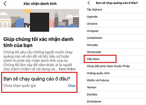 Chọn Việt Nam để xác thực tài khoản Facebook