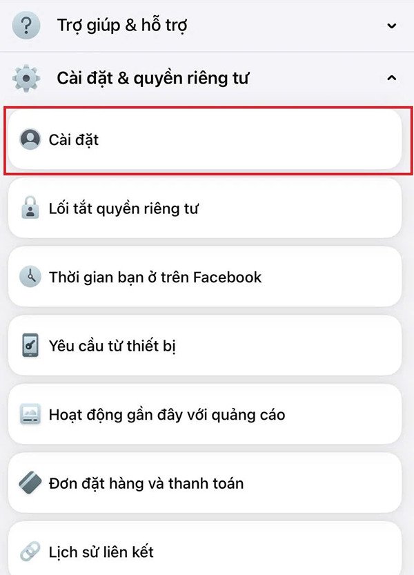 Giao diện cài đặt tài khoản Facebook để xác thực
