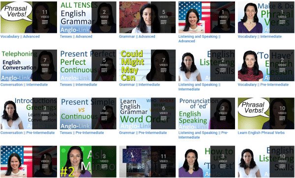 giao diện kênh Youtube Anglo-Link với các bài học tiếng Anh được phân loại