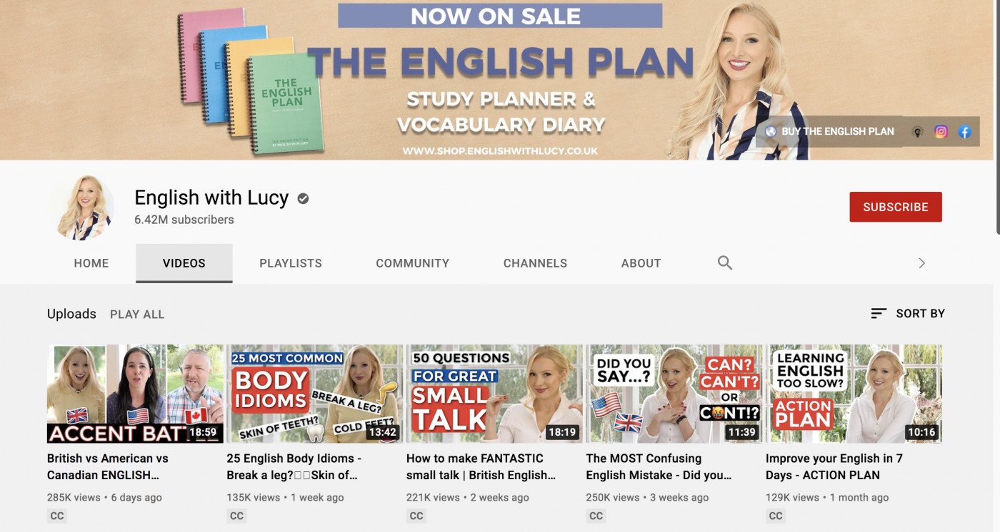 giao diện kênh Youtube English with Lucy học tiếng Anh giọng Anh