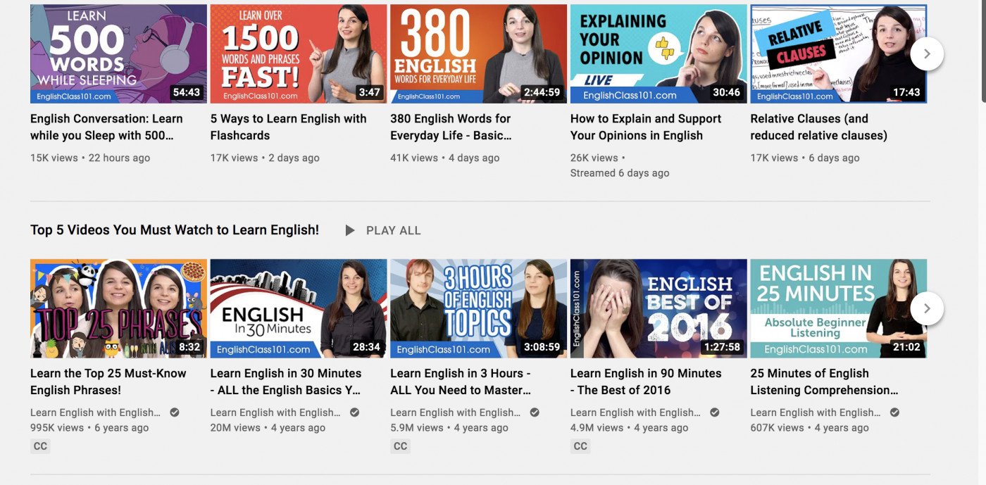 giao diện kênh Youtube EnglishClass101.com với các danh mục video học tiếng Anh