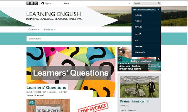 Giao diện lựa chọn ngôn ngữ trên BBC Learning English