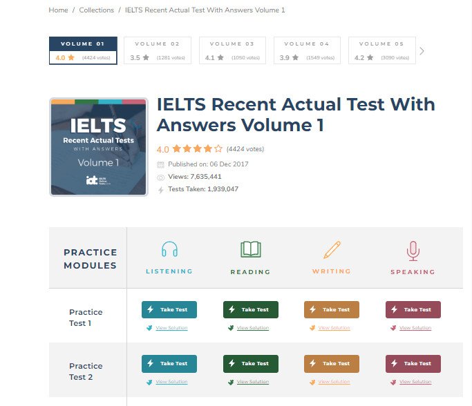 Giao diện trang web IELTSonlinetests hỗ trợ test IELTS miễn phí