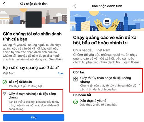 Lựa chọn giấy tờ tùy thân để xác thực