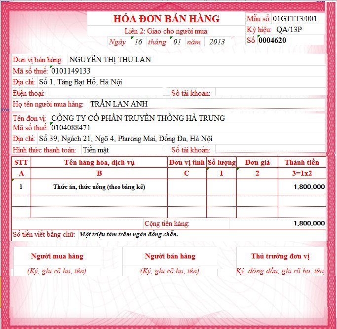 Mẫu hóa đơn bán hàng không có dòng thuế suất GTGT