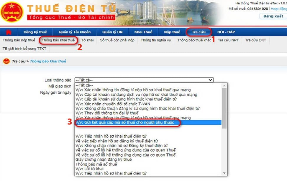 Menu tra cứu thông báo khai thuế trên hệ thống ETAX để xem kết quả cấp mã số thuế người phụ thuộc