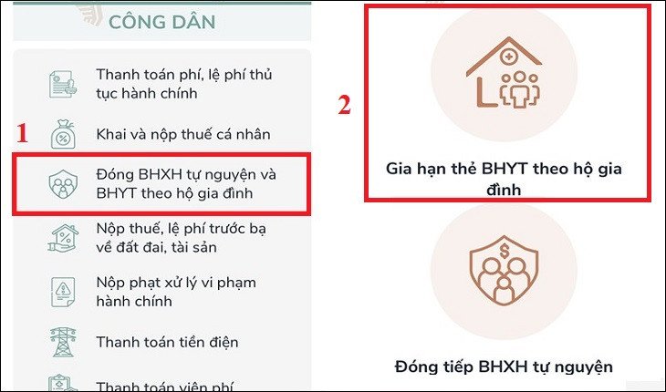 Mô tả bước chọn gia hạn BHYT theo hộ gia đình trên Cổng Dịch vụ công Quốc gia