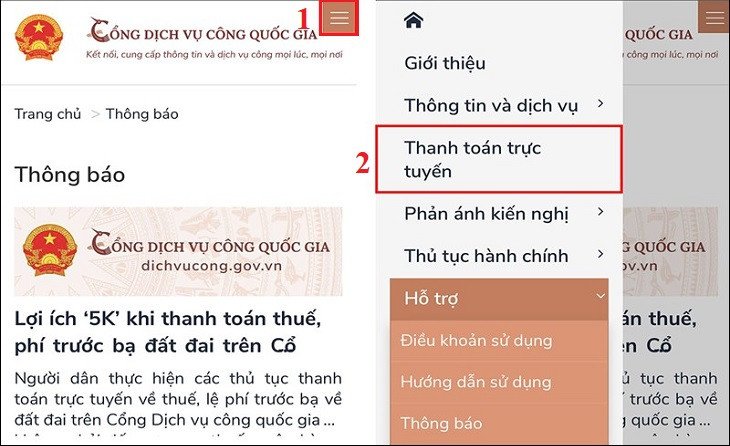 Mô tả bước chọn thanh toán trực tuyến trên Cổng Dịch vụ công Quốc gia
