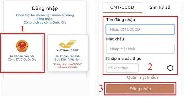 Mô tả bước đăng nhập tài khoản Cổng Dịch vụ công Quốc gia