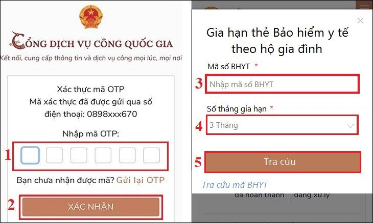 Mô tả bước nhập mã số BHYT và số tháng gia hạn để tra cứu thông tin