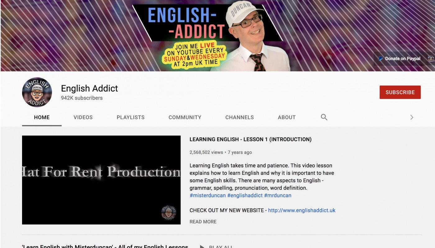 trang chủ kênh Youtube English Addict của Mr. Duncan