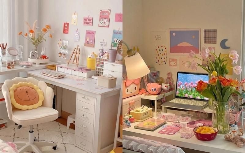 Trang trí bàn học kiểu Hàn Quốc với đồ vật đơn giản và cây xanh