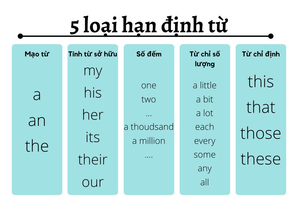 Ví dụ đặt câu với từ hạn định trong tiếng Anh