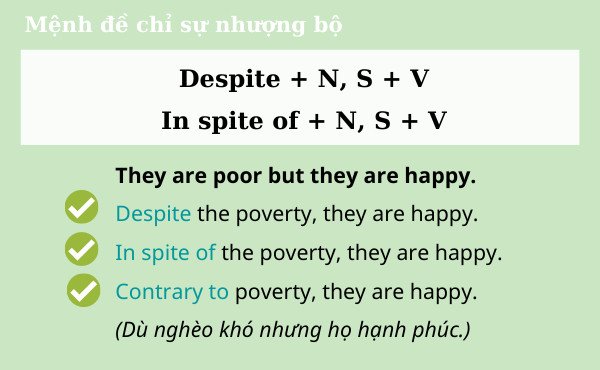 Ví dụ minh họa cách sử dụng cấu trúc in spite of trong câu tiếng Anh