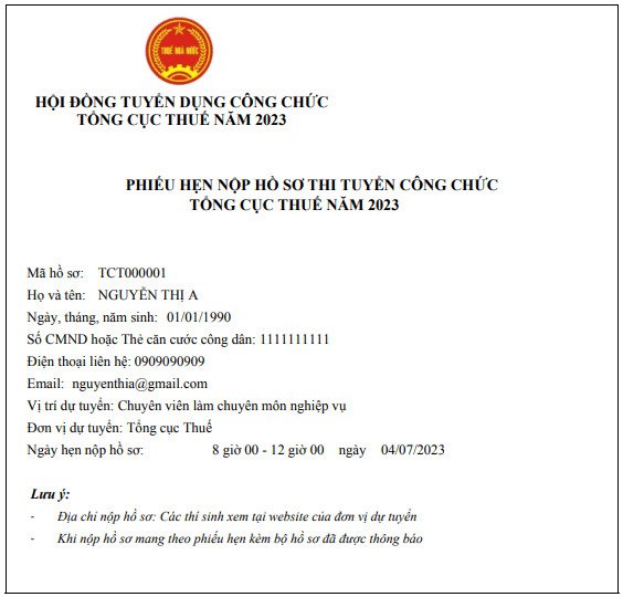 Ảnh mẫu phiếu hẹn nộp hồ sơ thi công chức thuế