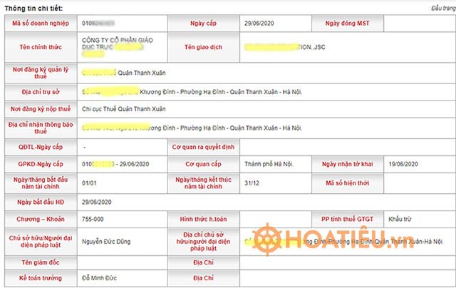 Bảng kết quả tra cứu thông tin doanh nghiệp hiển thị ngày cấp MST