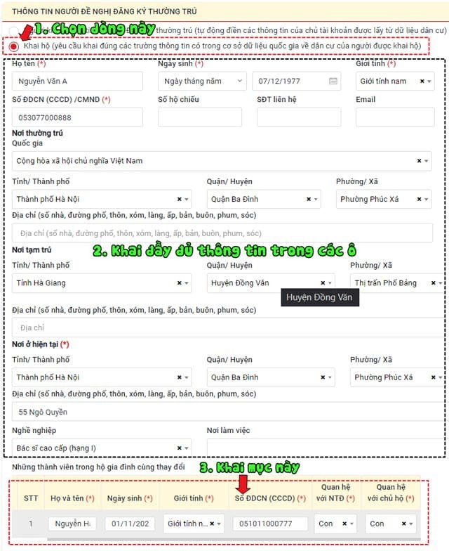 Cập nhật thông tin chi tiết khi đăng ký thường trú cho con qua mạng