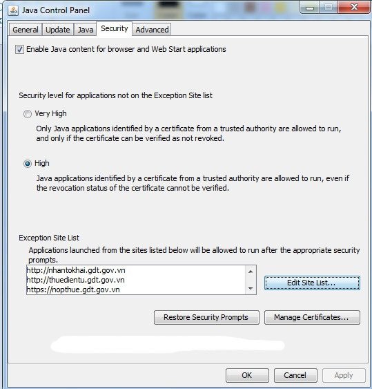 Chỉnh sửa danh sách trang web tin cậy trong cài đặt Java