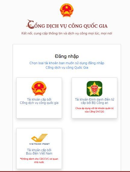 Chọn loại tài khoản đăng nhập Cổng dịch vụ công quốc gia