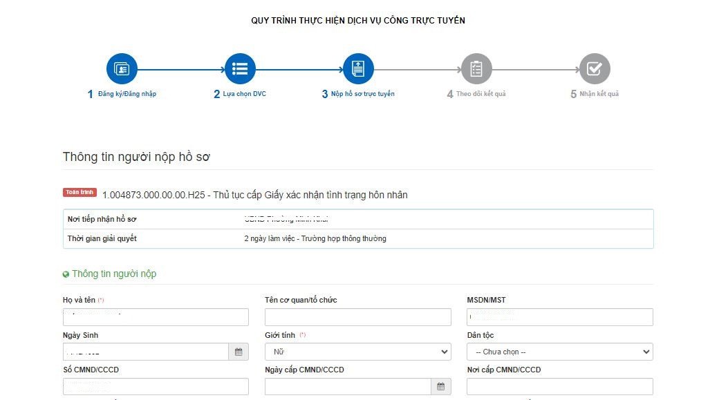 Điền tờ khai xin xác nhận độc thân trực tuyến
