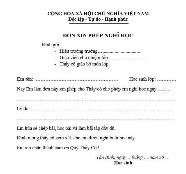Đơn xin phép nghỉ học cho học sinh cấp 3