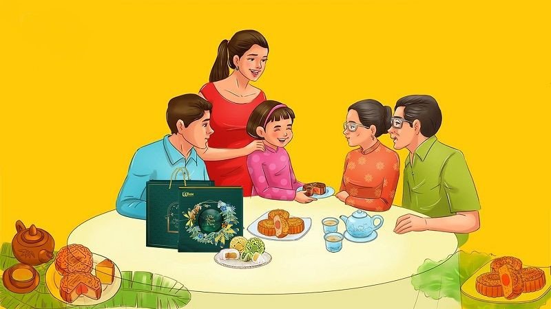 Gia đình quây quần bên mâm cỗ Trung Thu, thể hiện ý nghĩa đoàn viên.