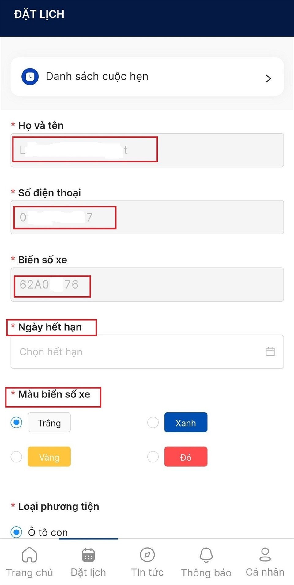 Giao diện lựa chọn trung tâm và thời gian cho lịch hẹn đăng kiểm xe trực tuyến