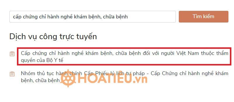 Giao diện tìm kiếm dịch vụ cấp chứng chỉ hành nghề y trên Cổng Dịch vụ Công Quốc gia