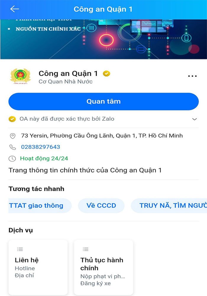Giao diện Zalo Official Account Công an Quận 1 minh họa cách tra cứu tình trạng cấp CCCD