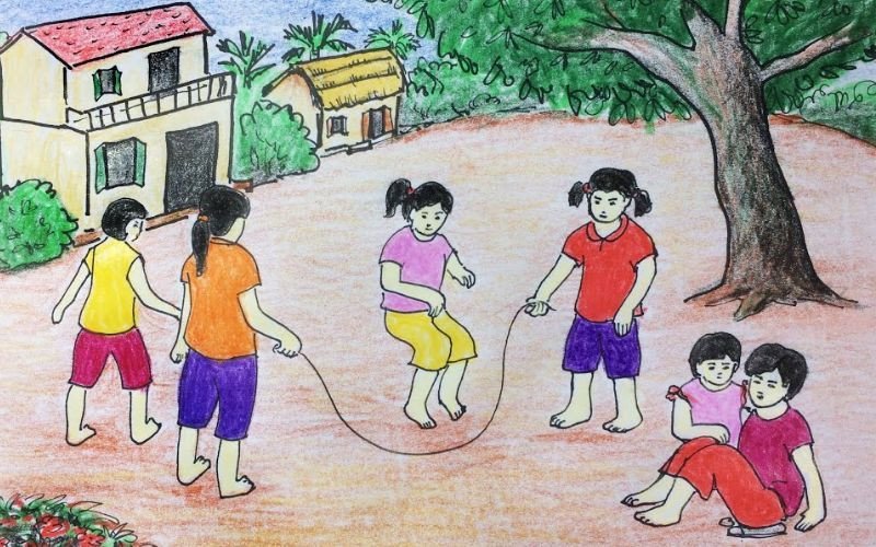 Hình ảnh hai học sinh đang nhảy dây với sợi dây đơn giản