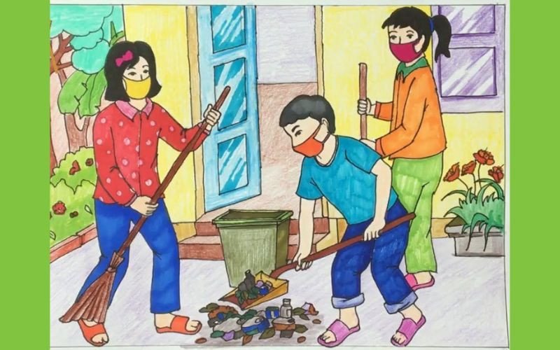 Hình ảnh học sinh chăm chỉ quét dọn sân trường