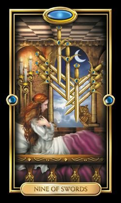 Hình ảnh lá bài 9 of Swords trong bộ bài Tarot, tượng trưng cho sự lo âu và căng thẳng nội tâm