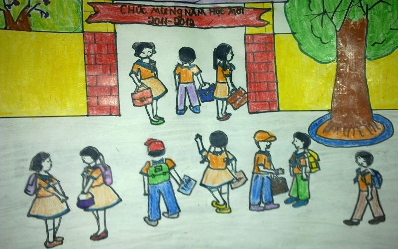 Hình ảnh phác thảo học sinh đi học với nét vẽ tối giản