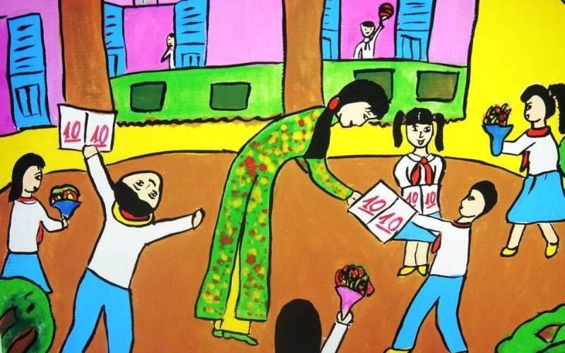 Học sinh nhỏ tặng bó hoa tươi thắm cho cô giáo