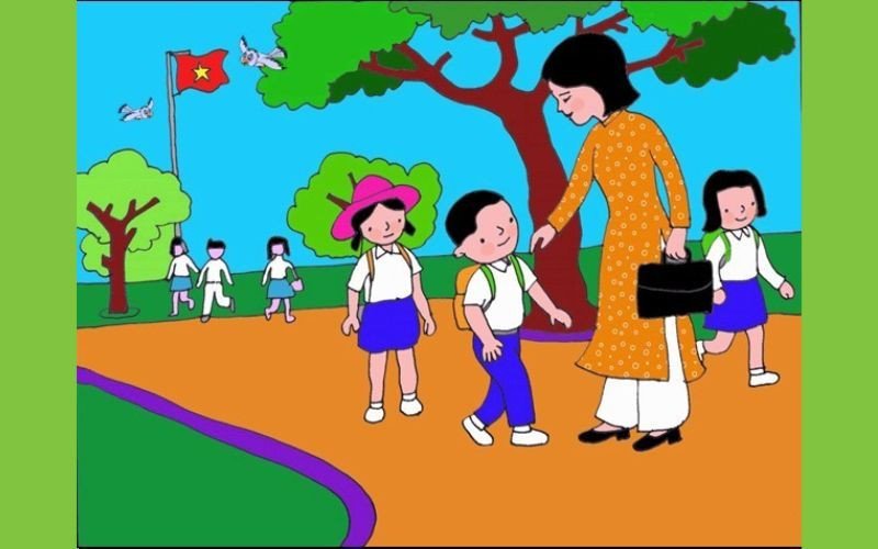 Học sinh vui vẻ bước chân tới trường cùng bạn bè