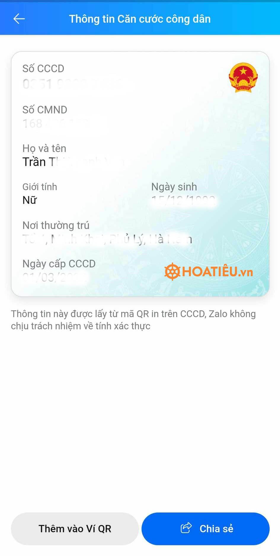 Kết quả tra cứu thông tin CMND cũ từ mã QR CCCD