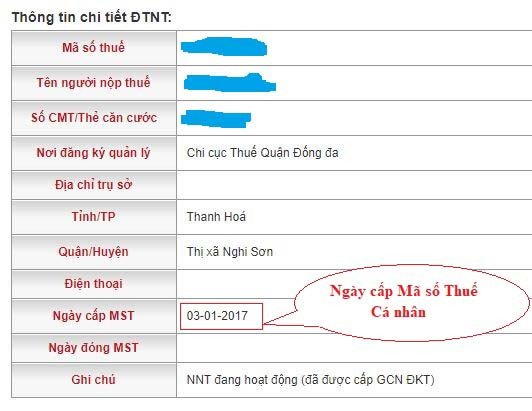 Kết quả tra cứu thông tin người nộp thuế cá nhân bao gồm ngày cấp mã số thuế