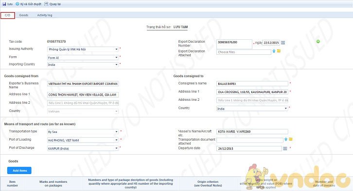 Màn hình lựa chọn chức năng khai báo C/O online