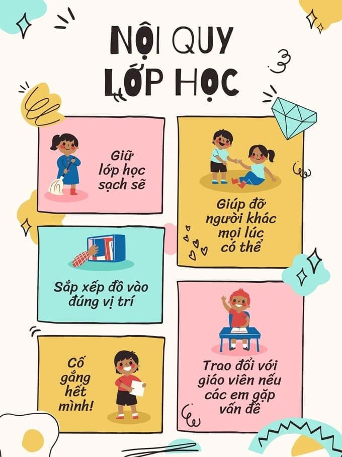 Mẫu bảng nội quy lớp học tiểu học dễ thương
