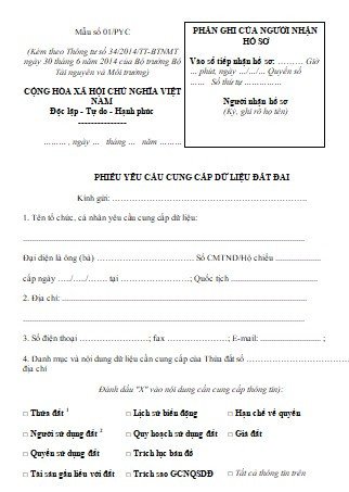 Mẫu phiếu yêu cầu cung cấp dữ liệu bản đồ địa chính