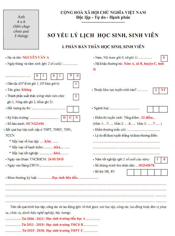 Mục thông tin cá nhân trong sơ yếu lý lịch học sinh
