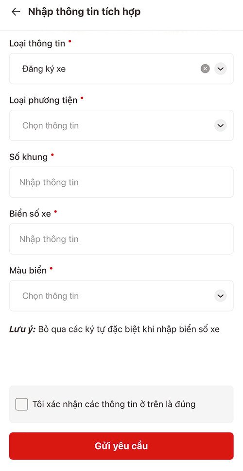 Nhập thông tin đăng ký xe, số khung và biển số trên VNeID