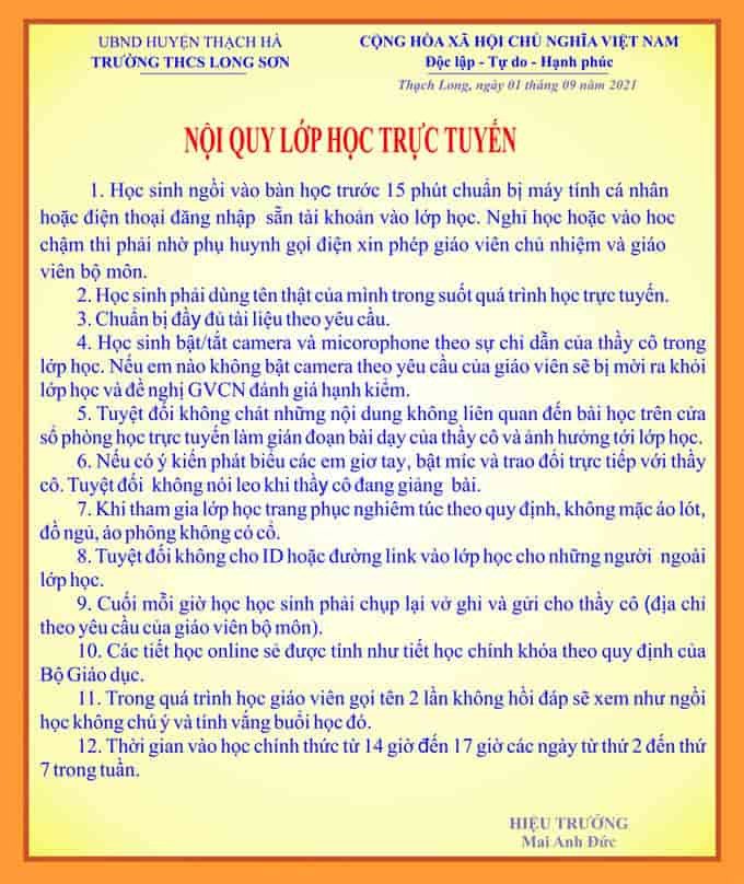 Nội quy lớp học trực tuyến cho học sinh tiểu học