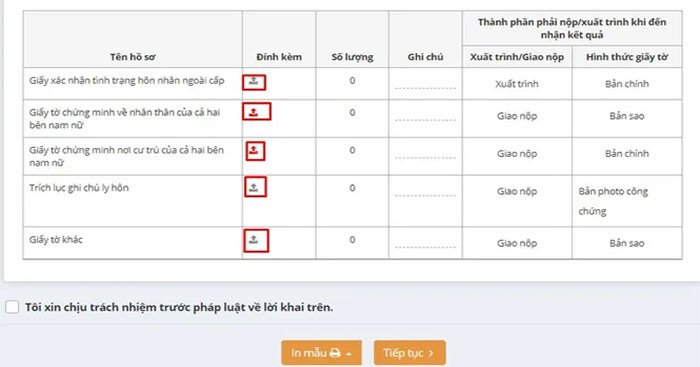 Phần tải lên giấy tờ cần thiết cho hồ sơ đăng ký kết hôn online