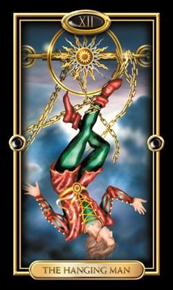 The Hanged Man lơ lửng, biểu thị sự thay đổi góc nhìn về vận may thi cử