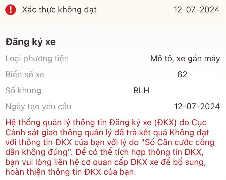 Thông báo lỗi hoặc từ chối khi tích hợp đăng ký xe vào VNeID