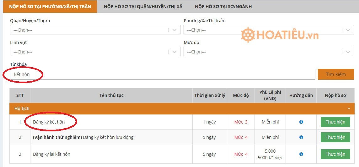 Tìm kiếm thủ tục đăng ký kết hôn trên Cổng dịch vụ công Hà Nội